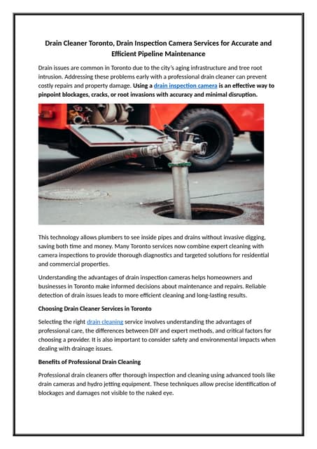 Drain Cleaner Toronto, Drain Inspection Camera Services for Accurate and Efficient Pipeline Maintenance.docx